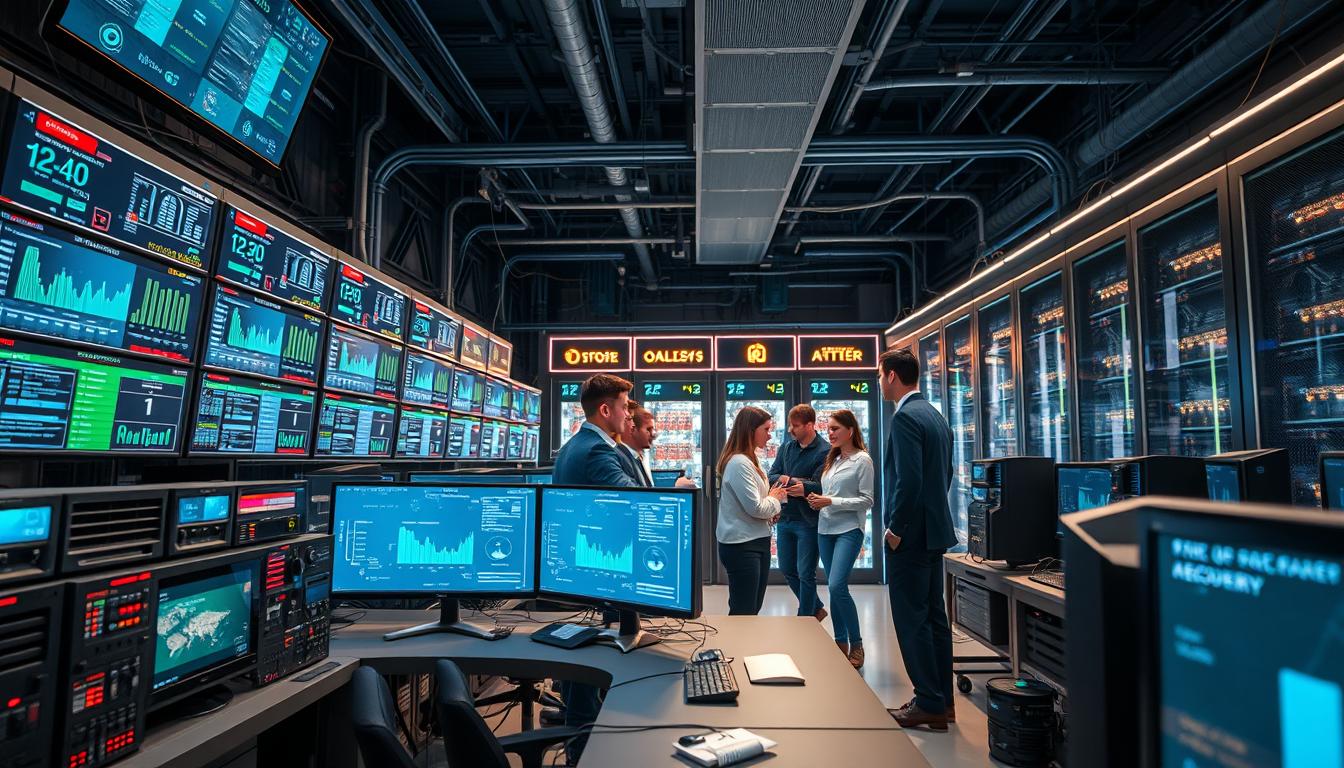 A modern, high-tech scene depicting the technical architecture and monitoring system of a gaming entertainment center, specifically 3A Entertainment City. In the foreground, sleek computer units and a control desk filled with monitors displaying live status updates and analytics. In the middle ground, a diverse team of professionals in business attire collaborating, focused on rapid problem-solving in an urgent situation. The background showcases a dynamic server room with illuminated control panels and networking equipment, reflecting a sense of cutting-edge technology. The lighting is bright and focused on the team, creating an atmosphere of urgency and efficiency, suggesting a seamless recovery process. The angle should be slightly elevated to capture the interplay of teamwork and technology, ensuring a professional and engaging composition.