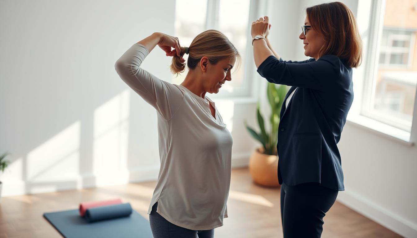 A registered exercise therapist in a bright, modern office setting, demonstrating posture correction techniques to a client. The therapist, wearing professional business attire, is guiding the client, who is dressed in modest casual clothing, through exercises aimed at improving posture. In the foreground, the therapist is showing a precise stretching motion, emphasizing the correct alignment of the spine and shoulders. The middle ground features a yoga mat and exercise props, while the background showcases a window with natural light pouring in, creating an uplifting atmosphere. The overall mood is one of professionalism and care, with soft, warm lighting that enhances the inviting space. The angle captures both the therapist's focused expression and the client's engaged demeanor, illustrating a collaborative effort in posture improvement.