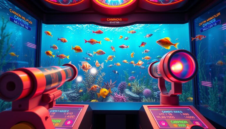 A vibrant and dynamic illustration of a fish-catching arcade game screen, showcasing seamless animations and fluid gameplay. In the foreground, capture detailed fishing cannons shooting colorful fish, with varying cannon multipliers displayed on an interactive interface. The middle ground features a lively underwater scene filled with various fish species and underwater vegetation, adding to the game's immersive atmosphere. The background should include shimmering water effects and glowing interface elements, conveying a high-speed gaming environment. Use bright and engaging colors with soft, natural lighting to enhance the visual appeal. The angle should be slightly tilted for a dramatic perspective, while maintaining clarity and detail in all elements, emphasizing the smoothness of gameplay in a high-speed internet context.