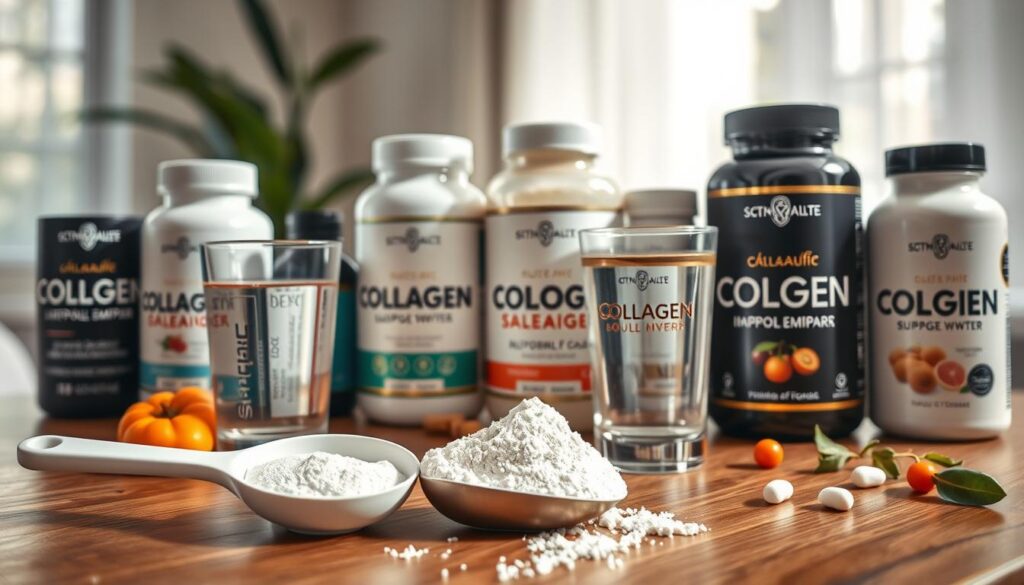 A beautifully arranged display of various collagen supplements on a wooden table, featuring sleek bottles and powders, some with natural ingredients like fruit or herbs around them. In the foreground, a clean, modern scoop of collagen powder and a glass of water, representing hydration and health. In the middle ground, elegant branding on the supplement bottles, with a focus on labels that highlight key benefits. The background showcases soft, diffused natural light streaming in from a window, enhancing the inviting atmosphere. The overall mood is fresh, health-conscious, and informative, ideal for potential consumers interested in collagen products.