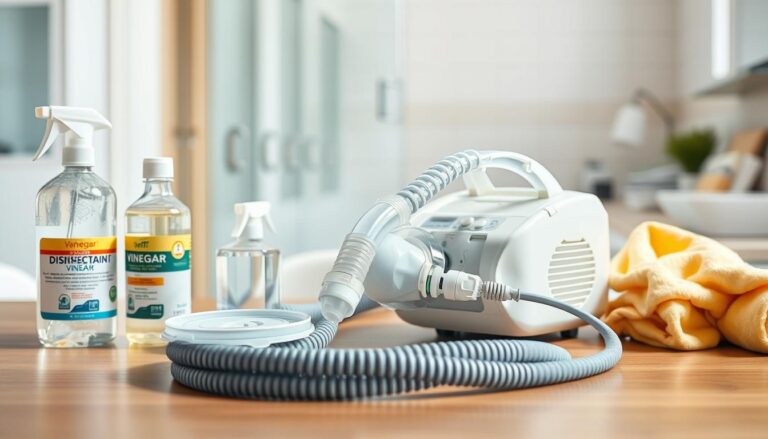 A professional and clean environment showcasing various methods for cleaning a CPAP machine to eliminate musty odors. In the foreground, display a neatly organized table with cleaning supplies such as disinfectant wipes, vinegar in a spray bottle, and a soft cloth, emphasizing the cleaning process. In the middle, illustrate a partially disassembled CPAP machine with distinct components like the mask, tubing, and water chamber, all undergoing a thorough cleaning. In the background, create a softly blurred image of a well-lit bathroom setting, suggesting a hygienic atmosphere. Use natural lighting to enhance the fresh and clean look, with a focus on vibrant colors that convey cleanliness and an inviting mood, inviting viewers to explore effective cleaning techniques for their CPAP machines.