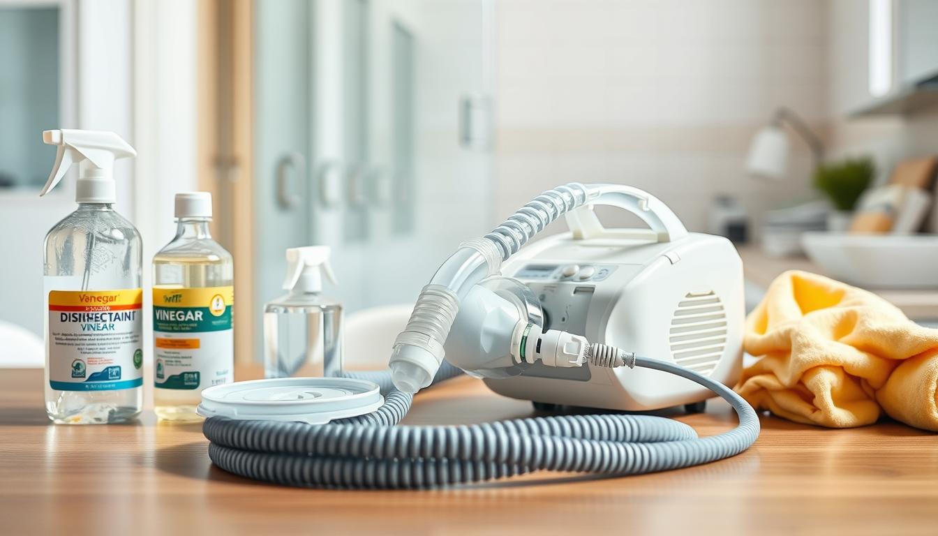 A professional and clean environment showcasing various methods for cleaning a CPAP machine to eliminate musty odors. In the foreground, display a neatly organized table with cleaning supplies such as disinfectant wipes, vinegar in a spray bottle, and a soft cloth, emphasizing the cleaning process. In the middle, illustrate a partially disassembled CPAP machine with distinct components like the mask, tubing, and water chamber, all undergoing a thorough cleaning. In the background, create a softly blurred image of a well-lit bathroom setting, suggesting a hygienic atmosphere. Use natural lighting to enhance the fresh and clean look, with a focus on vibrant colors that convey cleanliness and an inviting mood, inviting viewers to explore effective cleaning techniques for their CPAP machines.