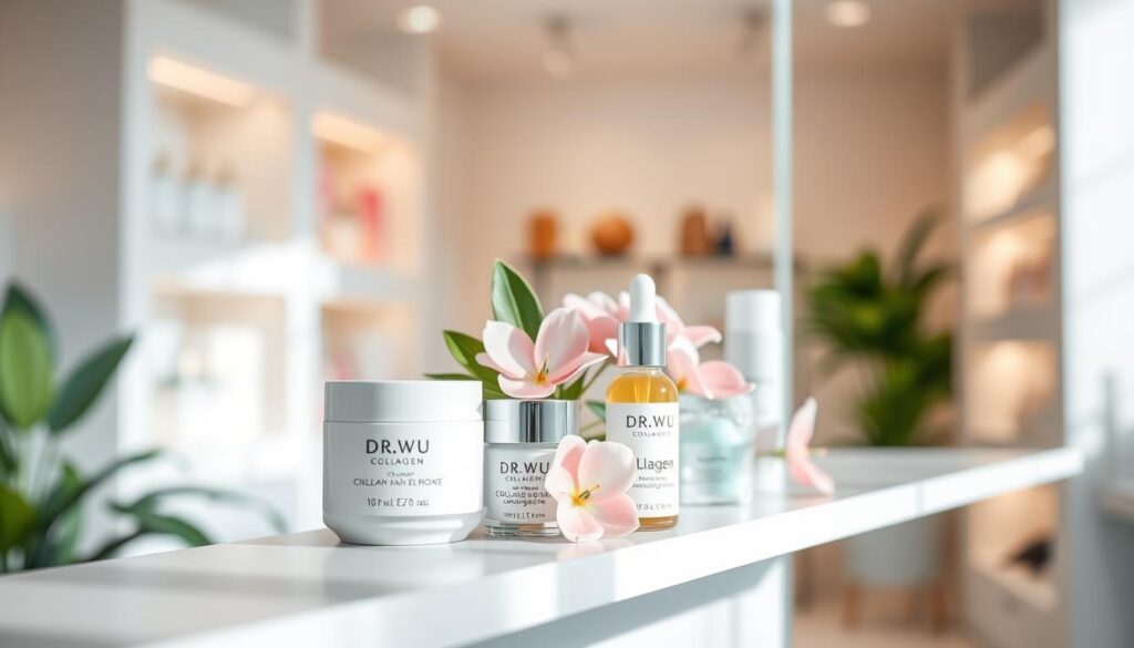 A visually appealing product display featuring DR.WU collagen products prominently in the foreground, arranged on a clean, modern white shelf. The products should include a sleek jar and a liquid serum bottle with elegant branding. In the middle, incorporate natural elements like green leaves or soft pink flowers to convey freshness and beauty. The background should be softly blurred, depicting a bright, minimalist skincare store with subtle lighting that highlights the brilliance of the products. The atmosphere should feel inviting and rejuvenating, creating an essence of well-being and self-care, ideal for showcasing the importance of collagen supplementation in skincare routines.