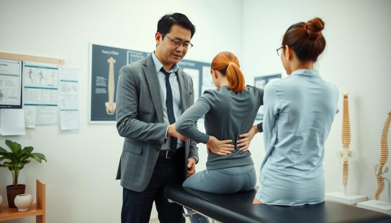 A professional chiropractor evaluating a patient with acute back pain in a modern clinic setting. The foreground features the chiropractor, a middle-aged Asian male in a smart casual outfit, attentively assessing the patient. The middle area shows the patient, a young woman in modest casual attire, sitting on an examination table, expressing discomfort while pointing to her lower back. Surrounding them are medical charts and spine models typical of a chiropractic office. The background reveals a well-lit space with soft natural light filtering in through windows, creating a calm and focused atmosphere. The shot is captured from an eye-level angle, giving a sense of empathy and professionalism.