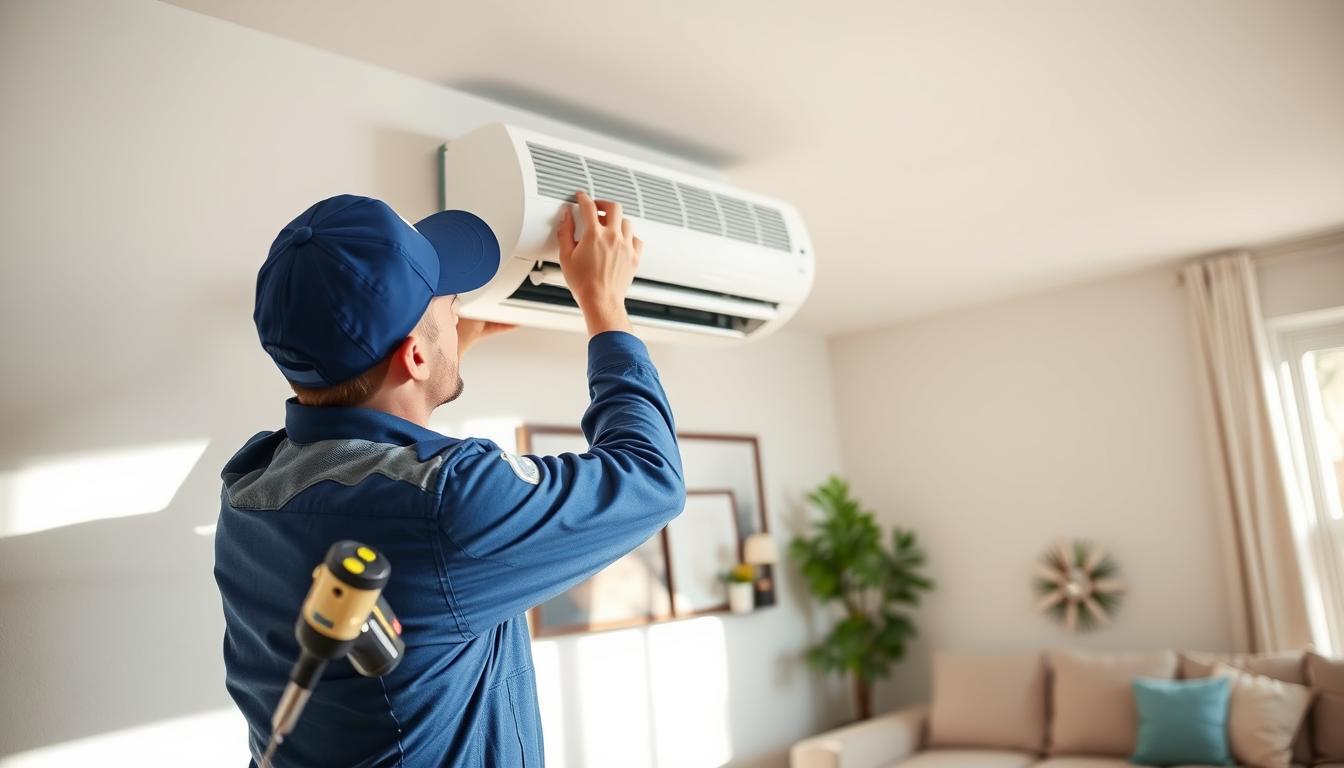 A professional technician installing an air conditioning unit in a modern living room setting. The foreground features the technician, dressed in a blue uniform, carefully positioning the indoor unit on the wall. Tools like a screwdriver and level are present, showcasing precision in the installation process. In the middle ground, the sleek, modern air conditioning unit is being mounted, with a few wiring components visible for clarity. The background features a cozy living room with neutral-colored walls, a sofa, and subtle decor, ensuring the focus remains on the installation. Natural light pours in from a nearby window, creating a bright and inviting atmosphere that conveys professionalism and attention to detail. The overall mood is upbeat and industrious, highlighting the importance of proper air conditioning installation.