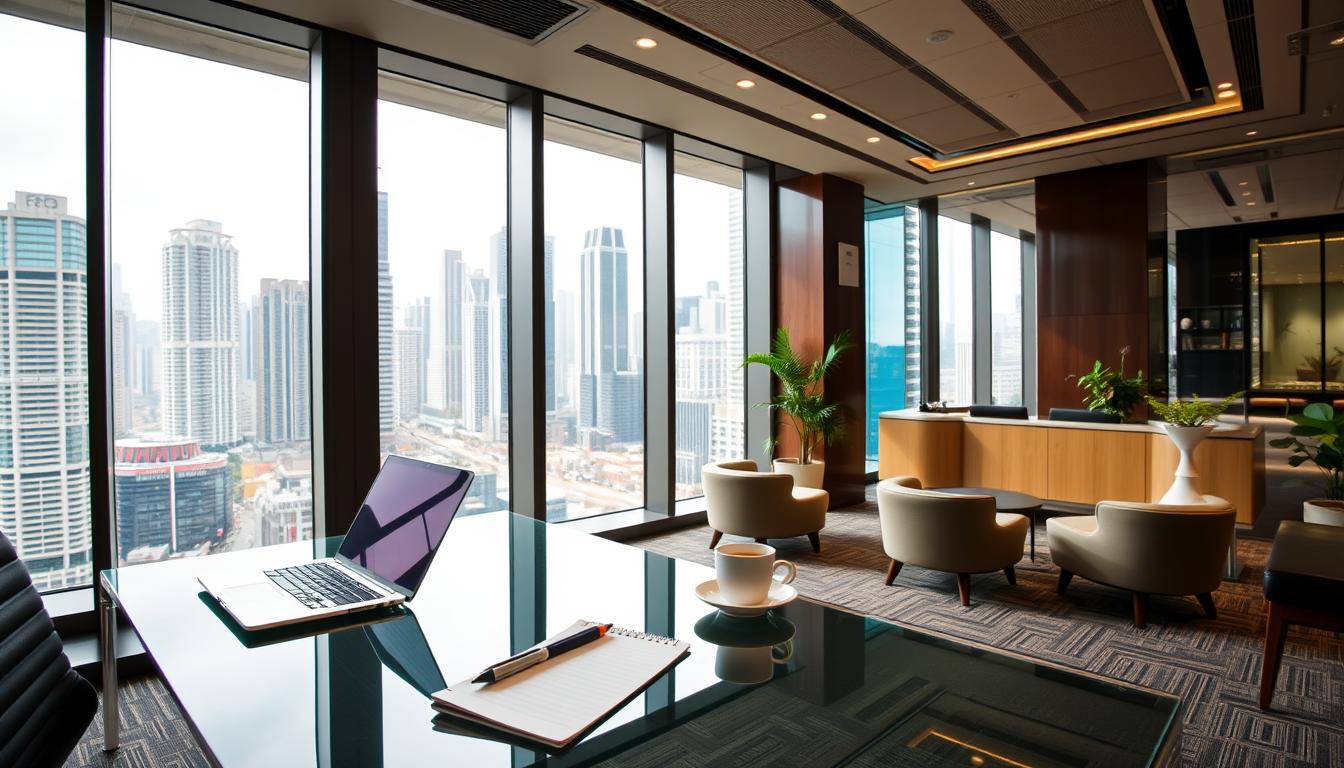 A modern and professional office space in Wan Chai, Hong Kong, showcasing various lease options. In the foreground, a sleek glass desk with a laptop, notepad, and a cup of coffee, suggesting productivity. The middle ground features a large bright window displaying a panoramic view of the bustling Wan Chai skyline, with high-rise buildings and vibrant streets. The background includes a classy reception area with a stylish seating arrangement and greenery for a calming effect. The lighting is warm and inviting, creating a sense of comfort. The atmosphere is professional yet approachable, ideal for business expansion or relocation decisions. Use a wide-angle lens to capture the spatial dynamics of the office while highlighting the urban environment outside.